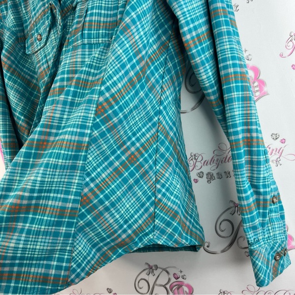 Cabela's button up long sleeve shirt Teal and Brown Plaid Button-Front Shirt - Picture 9 of 13
